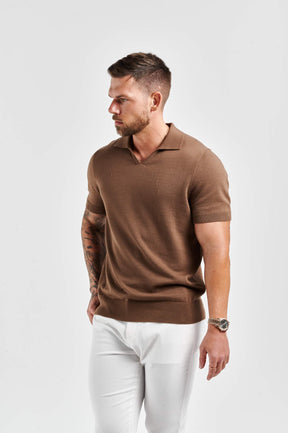 CAMISA POLO MASCULIA COM GOLA ABERTA ELITE - MARROM